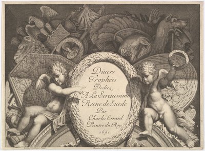 Titelsidan för Divers Trophées Weapon Trophies efter fasaden på Palazzo Milesi i Rom, 1651 av Polidoro da Caravaggio