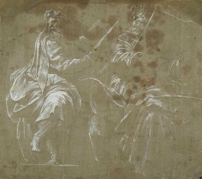 Två skäggiga profeter sitter och håller öppna böcker (vit kroppsfärg på grått papper) av Polidoro da Caravaggio