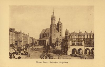 Krakow-Krakau: Stora marknadstorget med Mariakyrkan (svartvitt foto) av Polish Photographer