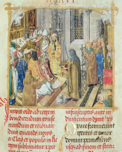 Kröning av kungen av Polen från påvliga biskopen Erasmus Ciolek, ca 1510 (tempera & guld på pergament) av Polish School