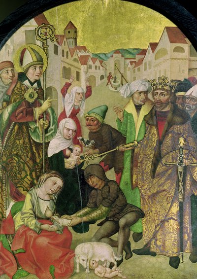 St. Stanislas (1030-79) tittar på straffet för otrogna hustrur som befallts av kung Boleslas II (1039-81) panel från St. Stanislas altartavla av Polish School