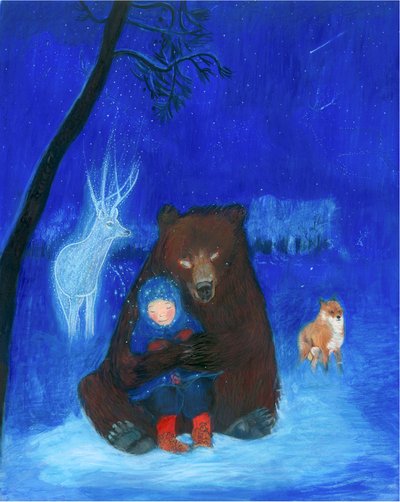 Brun björn och barn, 2021 (akvarell  gouache på papper) av Polly Horner