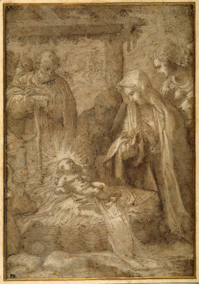 The Adoration of the Shepherds (metalpoint, penna och bläck med tvätt och gouache på papper) av Pompeo (fl.1569 71) (attr. to) Cesura