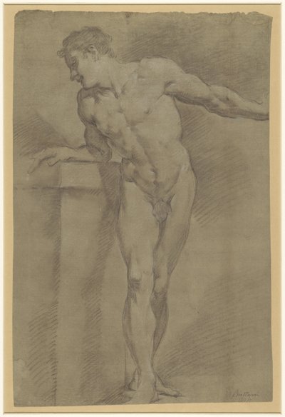 Studie av en stående manlig modell lutad mot en bröstvärn av Pompeo Batoni
