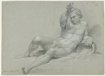 Nakenstudie av en liggande manlig modell med höger arm höjd, i en antik flodguds pose, sedd snett från vänster av Pompeo Girolamo Batoni