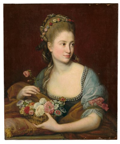 Porträtt av en dam som Flora, halvlångt, med en flätad korg med blommor av Pompeo Girolamo Batoni