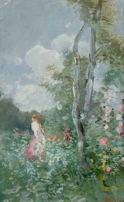A Girl Walking in a Wooded Glade (kroppsfärg på papper) av Pompeo Mariani