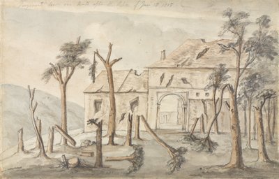 Hougoumont ritad en månad efter aktionen den 18 juni 1815, juli 1815 (penna och wc på papper) av Ponsonby