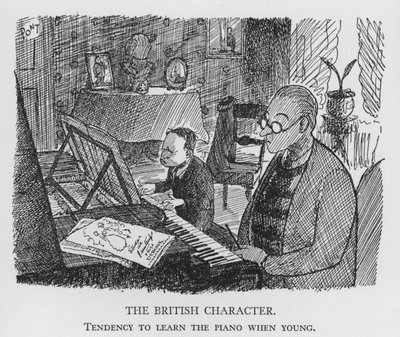 Den brittiska karaktären, tendens att lära sig piano som ung (litho) av Pont