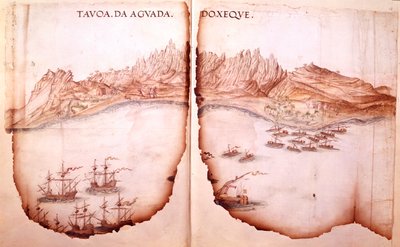 Bomull Tiberius D. IX, ff.11v-12 Vy över Aguada, illustration från 