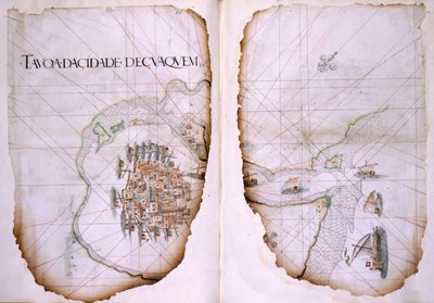 Cotton Tiberius D. IX, ff.36v-37 Cuaquem och Persiska viken, illustration från "Resplan för en resa från Indien till Suez", av Estevao de Gama av Portuguese School