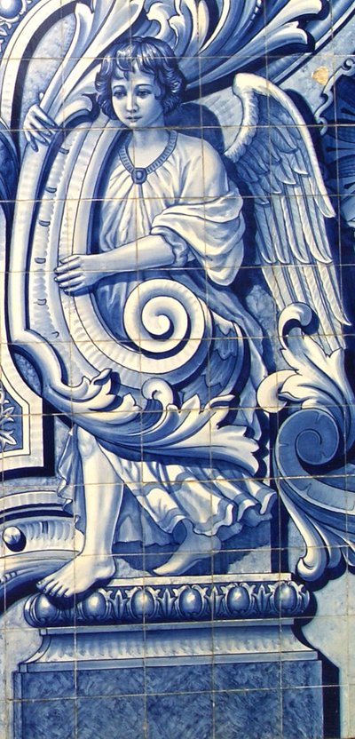 Dekorativ panel föreställande en ängel, Lamego, Portugal. 1738 (keramiska plattor) av Portuguese School
