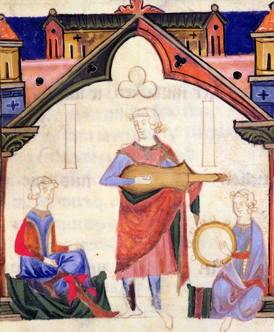 Fol.12v Musiker som spelar gitarr och tamburin, från Chansonnier des Nobles av Portuguese School