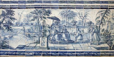 Fruktprovning nära en sjö i Asien - Azulejos, målad fajans av Portuguese School