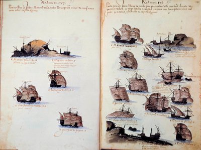 Manuskriptsida "" Minnesmärken över Portugals armadas under kung Manuel I (1469-1521)"" som representerar de portugisiska flottorna. 1523 B.N. Paris av Portuguese School