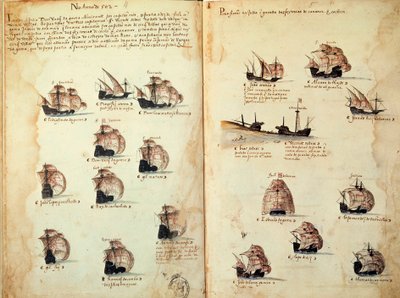 Manuskriptsida "" Minnesmärken över Portugals armadas under kung Manuel I (1469-1521)"" som representerar de portugisiska flottorna. 1533 B.N. Paris av Portuguese School