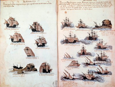 Manuskriptsida "" Minnesmärken över Portugals armadas under kung Manuel I (1469-1521)"" som representerar de portugisiska flottorna. 1523 B.N. Paris av Portuguese School