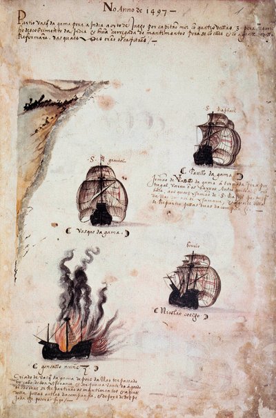 Manuskriptsida "" Memorials of the armadas of Portugal under King Manuel I (1469-1521)"" representerande de portugisiska flottorna av året 1497. 1523 f.Kr. Paris av Portuguese School