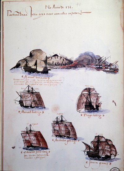 Manuskriptsida "" Minnen från Portugals armadas under kung Manuel I (1469-1521)" som representerar de portugisiska flottorna av året 1497. 1500 Lissabon, Nationalmuseet för antik konst av Portuguese School