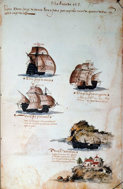 Manuskriptsida "" Minnen från Portugals armadas under kung Manuel I (1469-1521)" som representerar årets portugisiska flottor 1497. 1500 Lissabon, Nationalmuseet för antik konst av Portuguese School