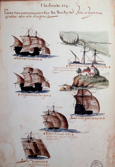Manuskriptsida "" Minnen från Portugals armadas under kung Manuel I (1469-1521)" som representerar de portugisiska flottorna av året 1497. 1500 Lissabon, Nationalmuseet för antik konst av Portuguese School