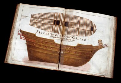 Sjöarkitektur: sida i den arkitektoniska avhandlingen (Livro de Tracas de Carpintaria) av Manuel Fernandez: skära ett skepp av Portuguese School
