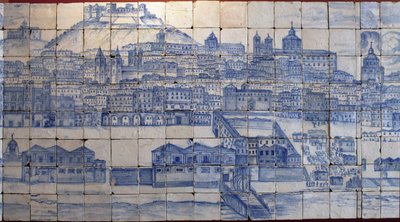 Panoramautsikt över Lissabon, före jordbävningen 1755 - Azulejos början av 1700-talet, panelvarning för det tidigare palatset för grevarna av Tentugal, Lissabon (Stora Lissabon-panorama före jordbävningen 1755, fajans tidigt 1700-tal, antikt palats av Portuguese School