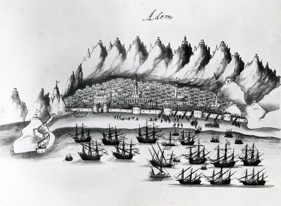 Portugisiskt anfall på Aden, illustration från Legends of India av Gaspar Correia, ca 1858 av Portuguese School