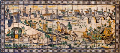 Singerie, hönsens äktenskap - Kakelpanel, cirka 1665, från den gamla gården Cadriceira, i Turcifal, Torres Vedras (Portugal) (Kycklingens bröllop, Kakelpanel, cirka 1665) - Musee national des azulejos, Lissabon (Portugal) av Portuguese School