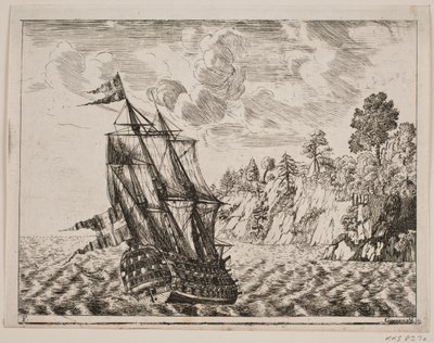 Danskt krigsfartyg på en stenig kust av Poul Isac Grønvold