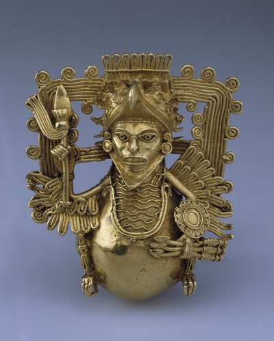 Klockhänge, i form av en örnkrigare av förcolumbiansk konst, sent 1400-tal. - Guld, H 9 - State Hermitage, St Petersburg av Pre Columbian