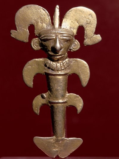 Pre-columbiansk konst, Quimbaya civilisation (Colombia): antropomorft hänge i guld. 400-1400 e.Kr. Bogota, Museo de Oro, Colombia av Pre Columbian Pre Columbian