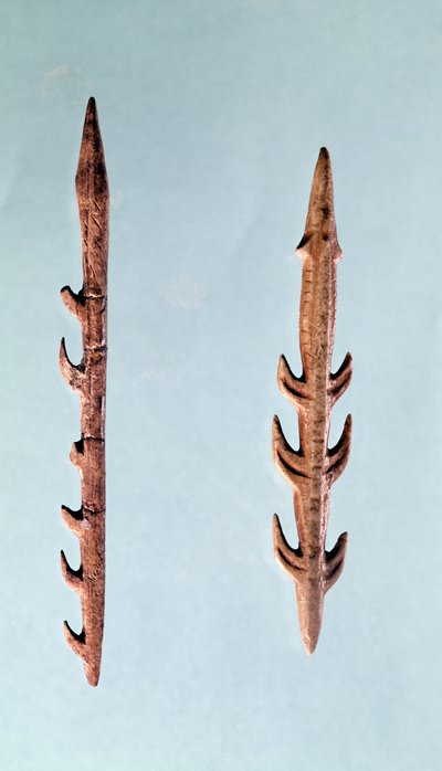 Två harpuner, övre paleolitiska perioden, 35000-10000 f.Kr. (flinta) av Prehistoric