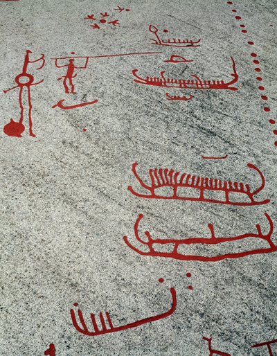 Nordisk bronsålder: båtar och slädar, hällristningar i Tanum, Sverige av Prehistoric Prehistoric