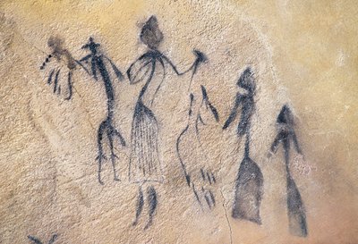 Fallisk dans av typ stiliserad-naturalistisk, mesolitisk konst (väggmålning) av Prehistoric Prehistoric