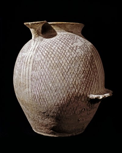 Prehistoire: polykrom keramikvas från Jericho. 3000-2100 f.Kr. Amman, arkeologiska museet, Jordanien av Prehistoric Prehistoric
