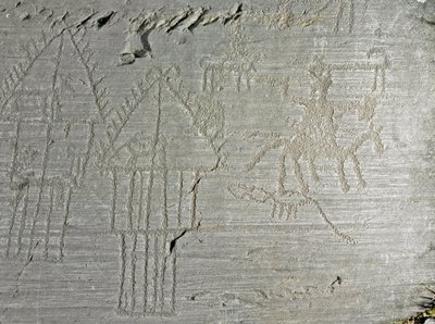 Förhistoria, Camunni civilisation, hällkonst: gravsten av scener från vardagslivet i en by, hydda på pålar, sjöhus, hundar, fåglar, rådjur och människor till häst. Period mellan yngre stenåldern och bronsåldern. Roche. 35 Capo di Ponte, Parco nazionale de av Prehistoric Prehistoric
