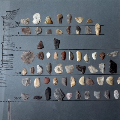 Förhistoria, kultur av Pontiniano: stenar och flinta (litisk produktion) från grottan i Moscerini, Lazio. Stenåldern. Övre paleolitikum. Rom, Luigi Pigorini Nationalmuseum för förhistorisk etnografi av Prehistoric Prehistoric