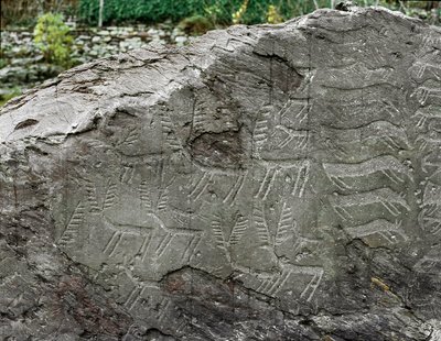 Förhistoria, hällkonst: gravsten av representationer av rådjur, boskap. Kopparåldern. Eneolitisk period (kalkolitisk). Roche nr. 1. Cemmo (Brescia) National Archaeological Park of the Boulders of Cemmo, Italien av Prehistoric Prehistoric