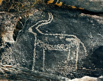 Förhistoria, hällkonst: gravsten av representationen av en antilop. Stenåldern 5000-2000 f.Kr. Taghit, Haut plateau du Hoggar (Ahaggar), Algeriet av Prehistoric Prehistoric