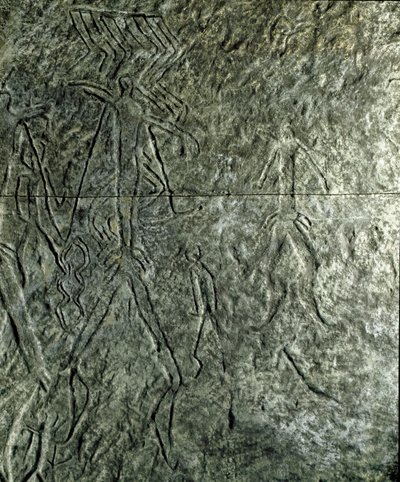 Förhistoria, hällkonst: hällristningar (graffiti på sten) av människofigurer. neolitik, stenålder. (Azerbajdzjan) Bronsåldern. Baku, Azerbajdzjans statliga religionshistoriska museum av Prehistoric Prehistoric