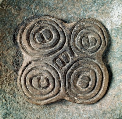 Förhistoria: sigill eller sigill (pintadera) av en spiral från Necropole of Arene Candide (Finale Liguria), Ligurien. Mellanneolitikum, stenålder. Gener, museo di archeologia ligure av Prehistoric Prehistoric