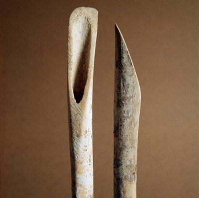 Förhistoria: verktyg för att ta bort bark från skenben från get och får från Necropole of Arene Candide (Finale Liguria), Liguria. Mellanneolitikum, stenålder. Gener, museo di archeologia ligure av Prehistoric Prehistoric