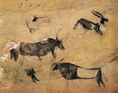 Bergkonst: Hjortdjur och kor. Från Spanien, El Cogul, Cave dels Moros. Förhistoria, mesolitikum (fresk) av Prehistoric Prehistoric