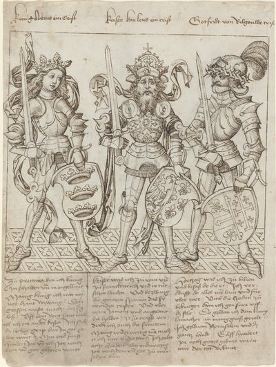 Kung Arthur, Karl den Store och Godfrey av Boulogne av Primary Master of the Strassburg Chronicle