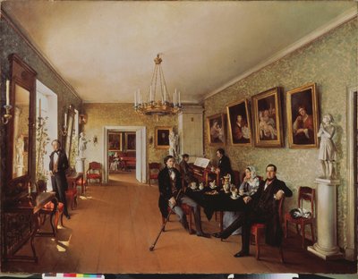 A Family Scene (Dagliga aktiviteter vid testund, några spelar piano, andra lyssnar, en kvinna i bakgrunden syr) - A Family Scene - Målning av Prokofi Yegorovich Pushkaryev (Pushkaryev) (?-efter 1856), h av Prokophy Egorovich Pushkaryev