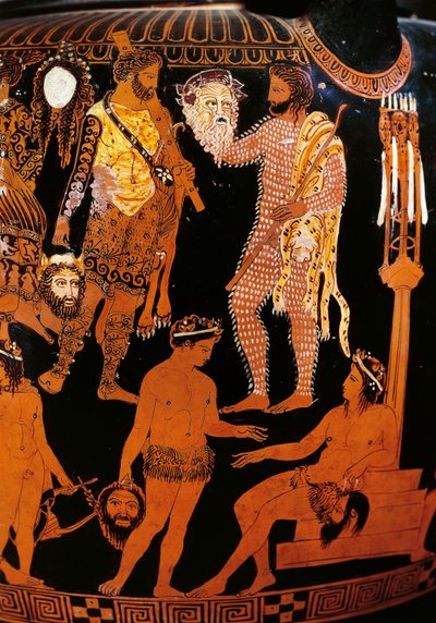Vas av Pronomos, krater med röda figurer. Detalj som visar Hercules (Heracles), förberedelserna för ett satyriskt drama i närvaro av Dionysos och Ariane, karaktärerna håller teatermasker. 400 f.Kr. Neapel, Museo Archeologico Nazionale av Promonos Painter