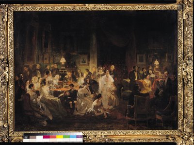 Emile Jean Horace Vernet (1789-1863) diskuterar uppfinningen av Daguerreotypien i Monsieur Irissons salong av Prosper Lafaye or Lafait