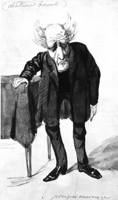 Francois Rene Fransk författare, viscount av Chateaubriand (1768-1848) fransk författare, tecknad av Prosper Merimee (gravyr) av Prosper Merimee