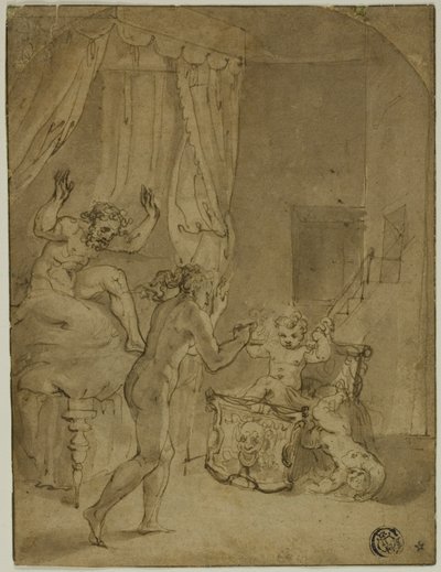 Spädbarnet Hercules stryper ormar i sin vagga (recto); Krönad kvinna som knäböjer i landskapet och andra skisser (verso) av Prospero Fontana